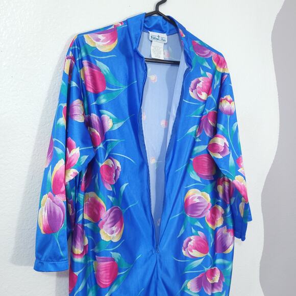 Vintage Village Fair Robe Nightgown Womens Medium Midi Blue Floral Zip P… - Picture 5 of 11